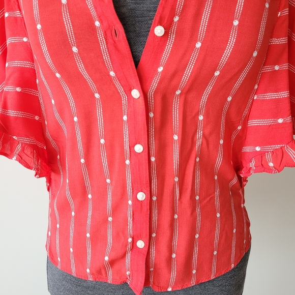 Anthropologie Maeve Aveiro Ruffle Sleeve Striped Short Sleeve Blouse - Picture 7 of 13